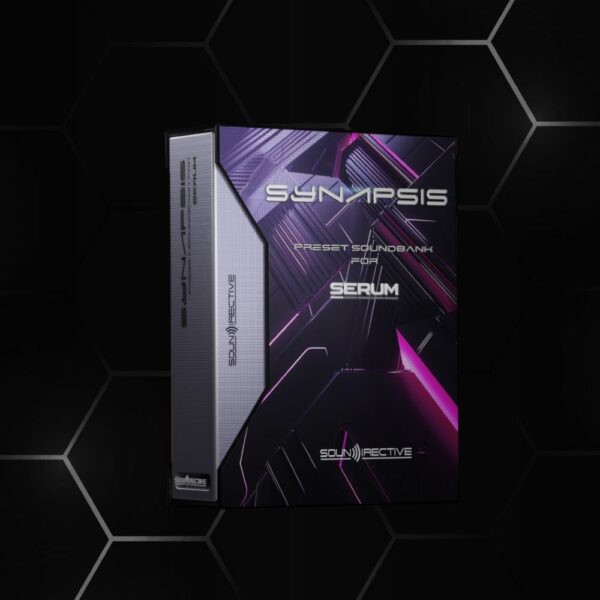 A digital product box labeled Synapsis Psytrance Preset Soundbank for Serum by Sound Directive, featuring a futuristic design with geometric patterns and neon accents on a dark hexagonal background.