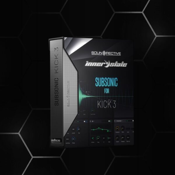 A 3D-rendered box of Subsonic for Kick 3 software by Soundreactive/Innerstate is showcased against a hexagonal patterned backdrop. The design boasts audio waveforms and control interface elements, perfect for crafting psytrance kicks with precision.