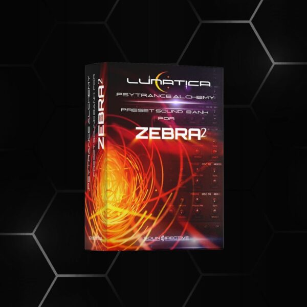Cover art of Lunatica – Psytrance Alchemy for U-he Zebra 2 preset pack.