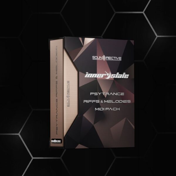 3D rendering of a software box titled Inner State. Descriptions include Psytrance, Riffs & Melodies, and MIDI Pack over abstract geometric patterns. The background features a dark hexagonal design, highlighting the power of the Psytrance MIDI Pack.