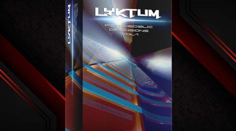 product box for “lyktum — psychedelic dimensions vol. 1” by SounDirective, artist psytrance sample pack with drums, bass, fx, atmospheres, and 1,750+ processed vocal words